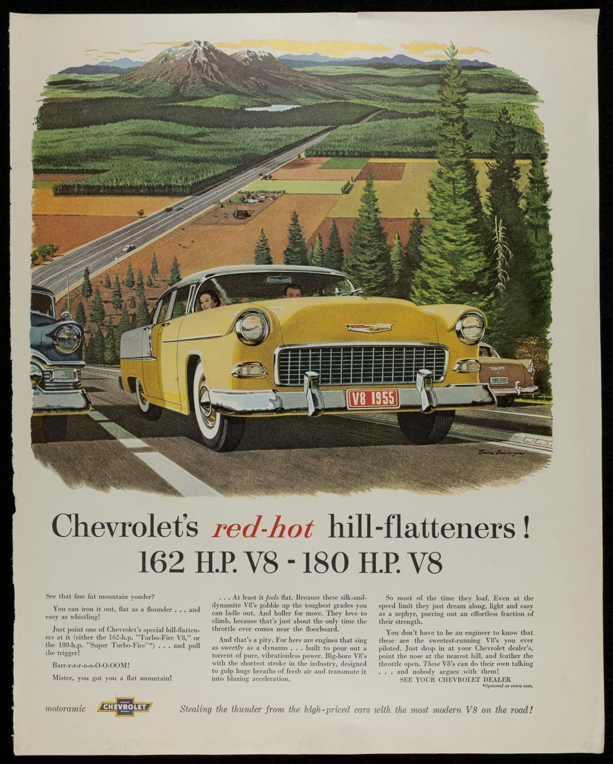 1955 Chevrolet Advertisement, "Chevrolet's Red-Hot Hill Flatteners!"