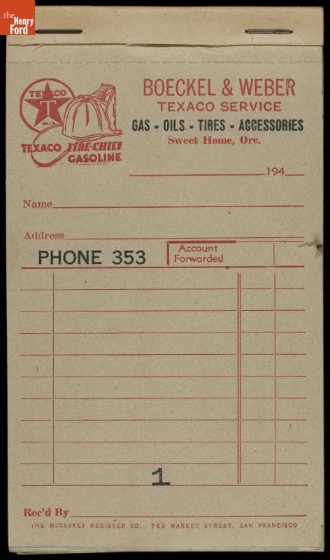 Receipt Pad for Boeckel & Weber Texaco Service Station, Sweet Home, Oregon, circa 1945