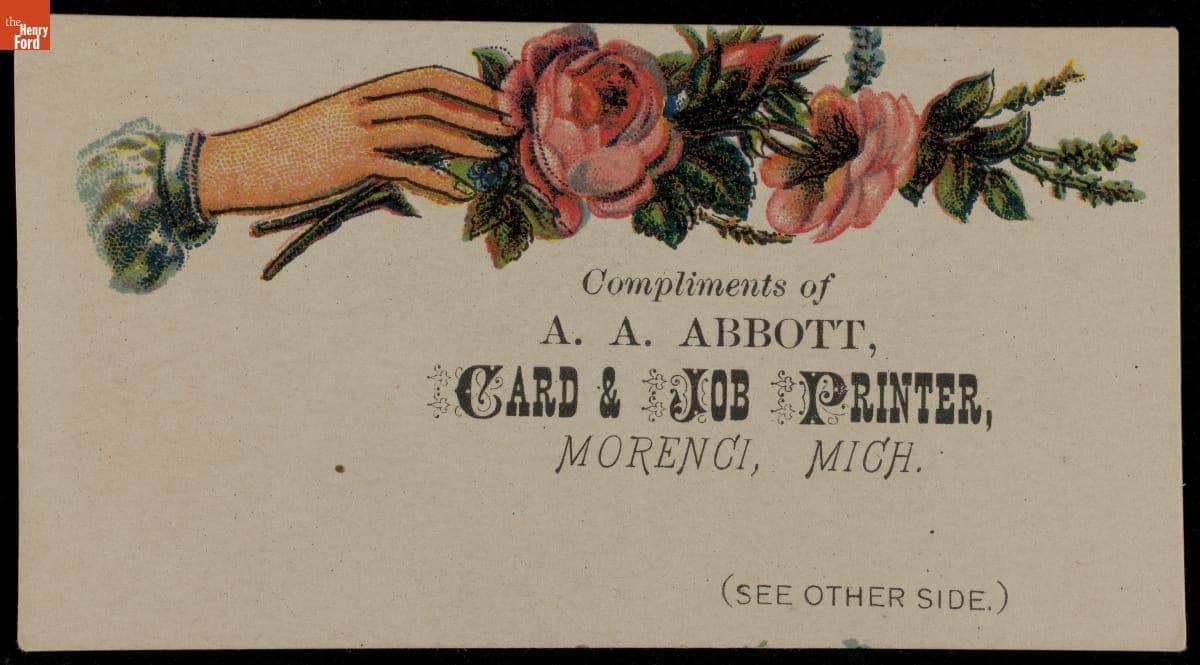 Trade Card for A. A. Abbott, Card and Job Printer, 1870-1900