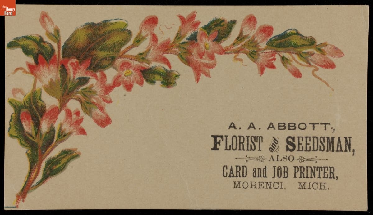 Trade Card for A. A. Abbott, Florist and Seedsman, Also Card & Job Printer, 1870-1900