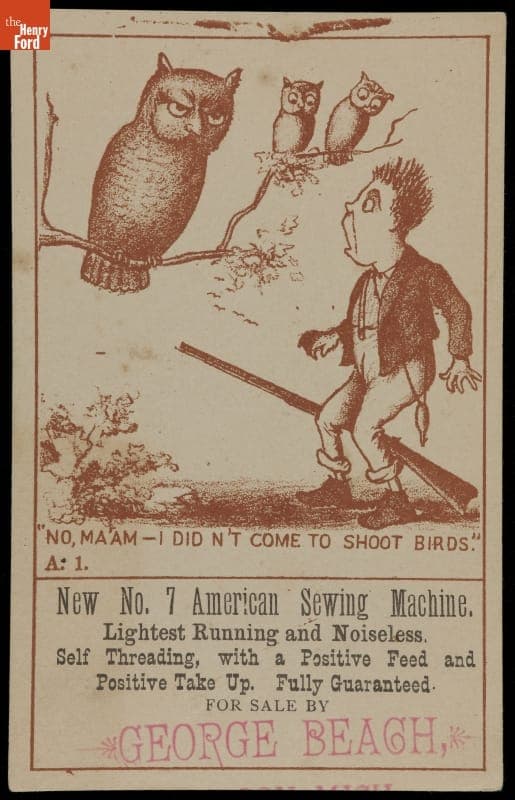 Trade Card for American Sewing Machine Company, "No Ma'am, I Didn't Come to Shoot Birds," 1870-1890
