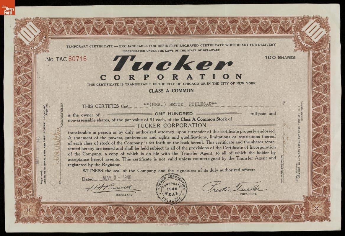 Stock Certificate, "One Hundred Shares of Tucker Corporation Class A Common Shares," 1948