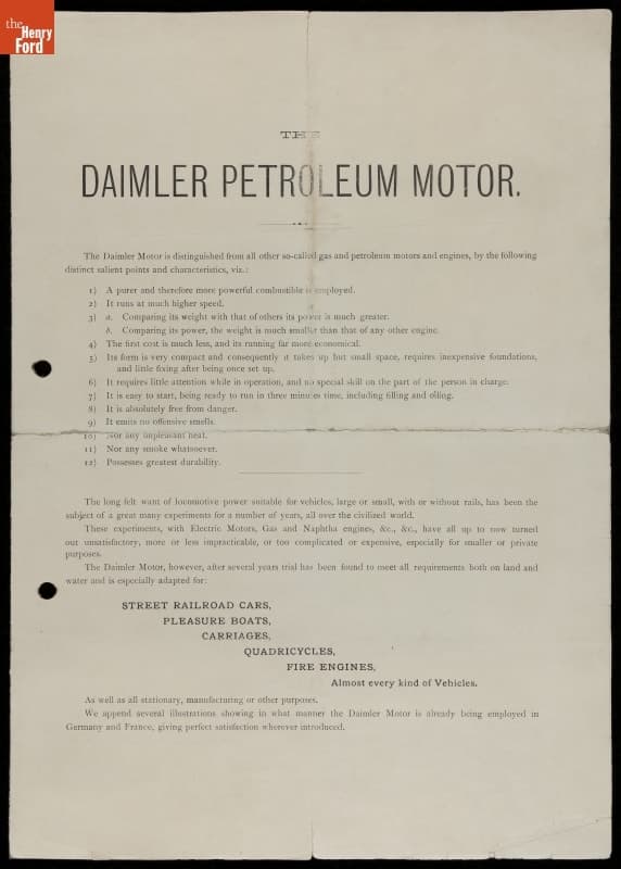 Sales Brochure, "The Daimler Petroleum Motor," circa 1895