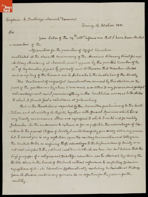 Letter from John Quincy Adams to Alden Partridge, 1831