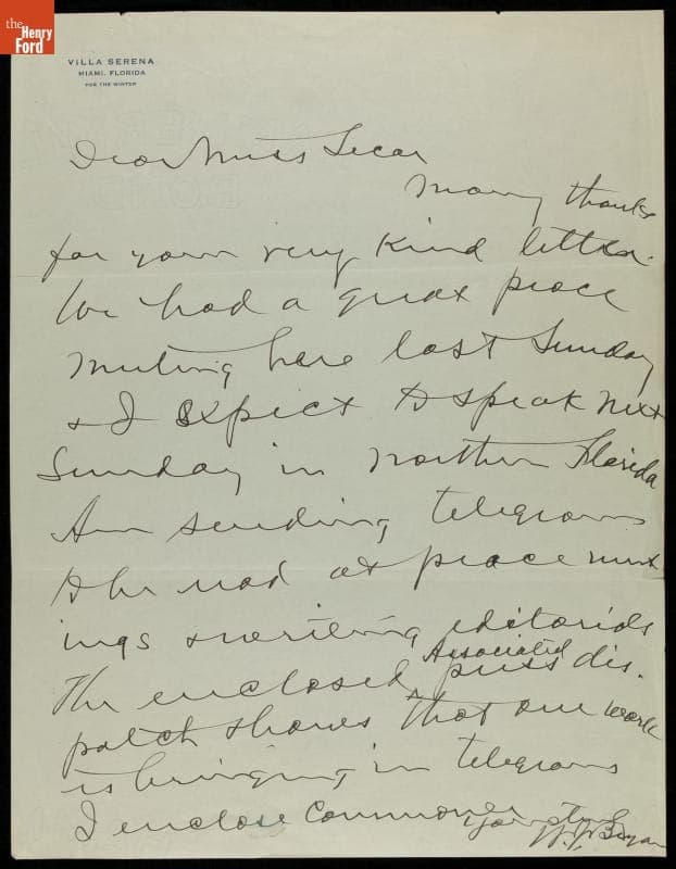 Letter from William Jennings Bryan to Lella Secor Florence, circa 1917