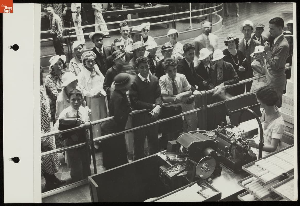 Visitors Observing the Spark Plug Manufacturing Process, Ford Building, California Pacific International Exposition, San Diego, 1935