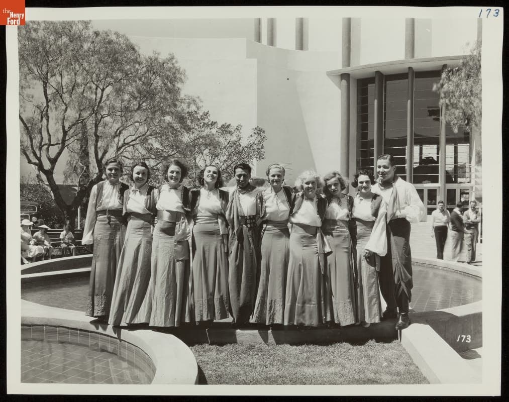 Jose Manzaneres and His South American Orchestra Pose at the V-8 Fountain, Central Courtyard of Ford Building, California Pacific International Exposition, 1935