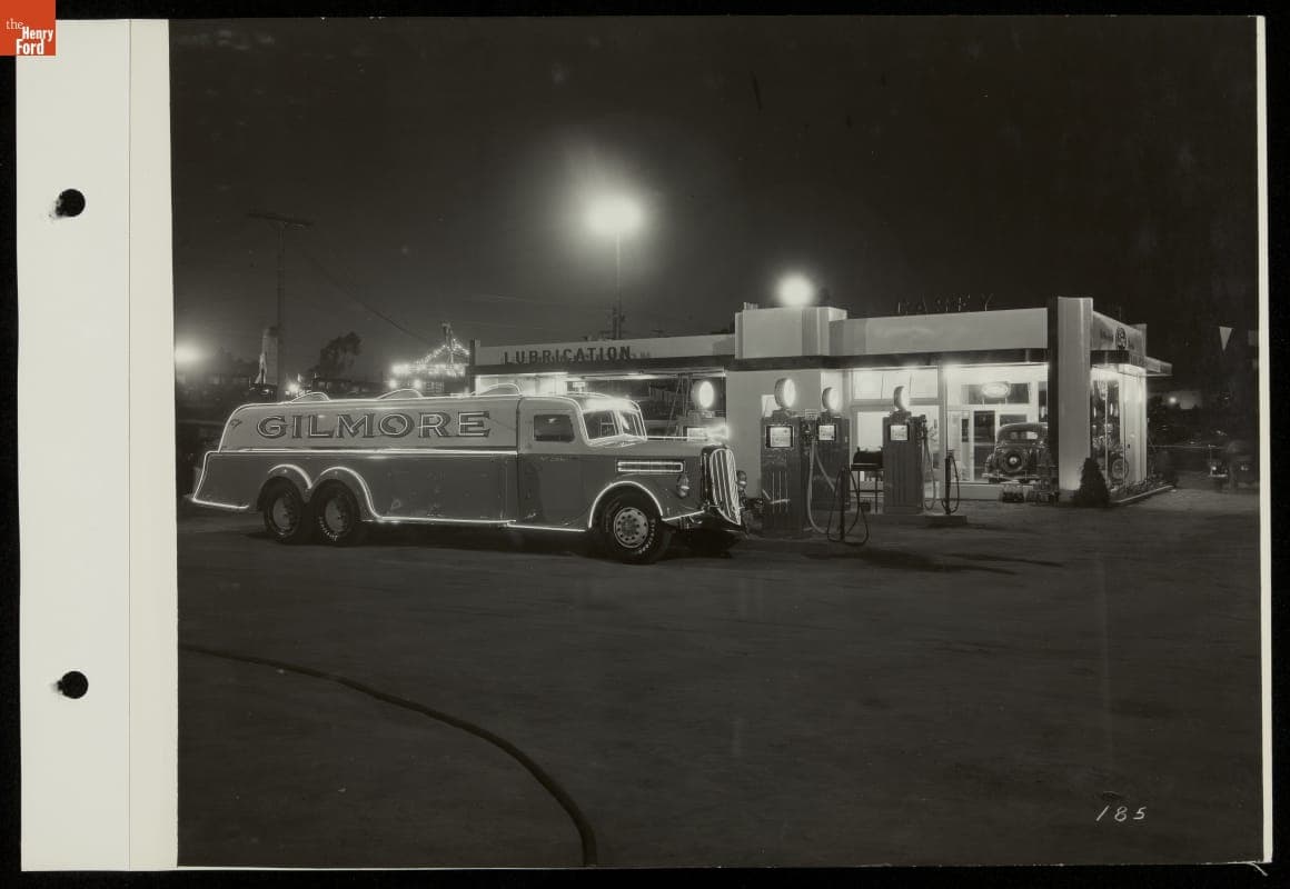 Gilmore Oil Company Truck in Front of Casey's Master Service Station at Night, California Pacific International Exposition, San Diego, 1935