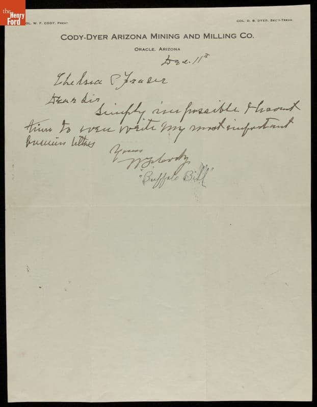 Letter from William "Buffalo Bill" Cody to Author Chelsea C. Fraser, circa 1912