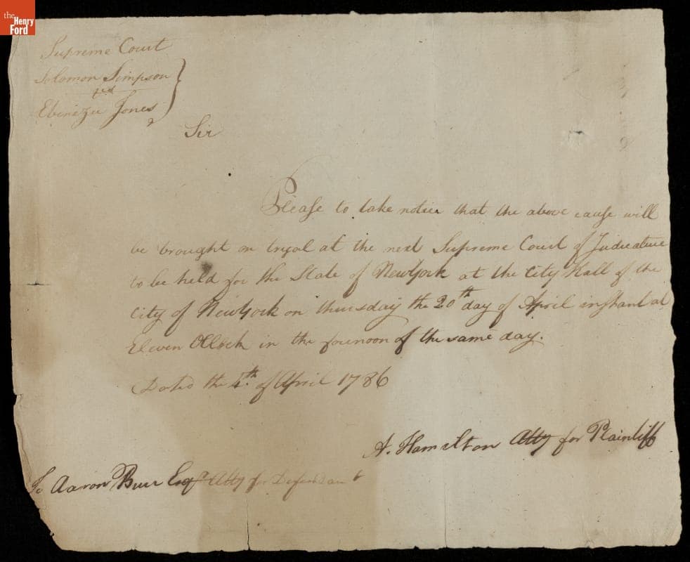 Letter from Alexander Hamilton to Aaron Burr, 1786