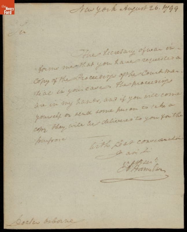 Letter from Alexander Hamilton to Doctor Samuel Osborne, 1799