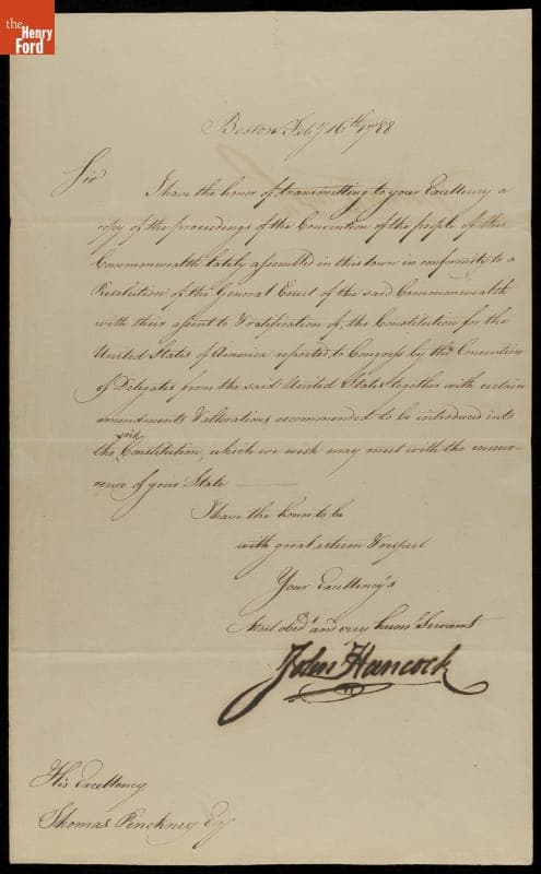 Letter from John Hancock to Thomas Pinckney, 1788