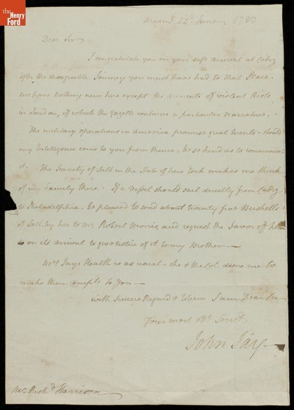 Letter from John Jay to Richard Harrison, 1780