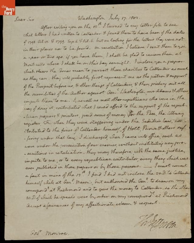 Letter from Thomas Jefferson to James Monroe, 1802