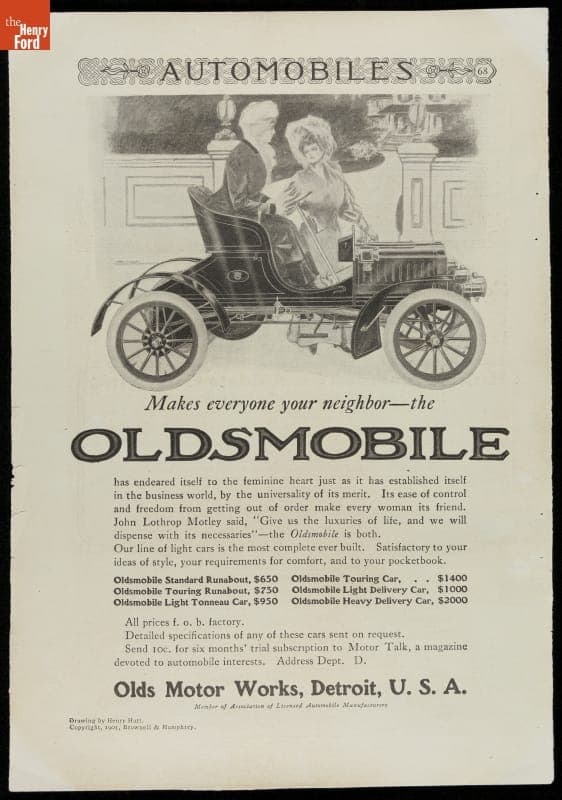 "Makes Everyone Your Neighbor--the Oldsmobile" Olds Motor Works Advertisement, 1905