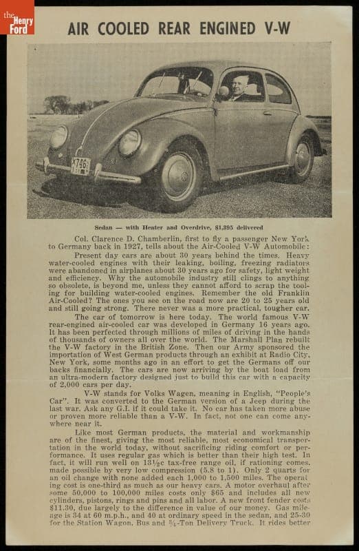 "Air Cooled Rear Engined V-W Sedan with Heater and Overdrive" Volkswagen Advertisement, circa 1952