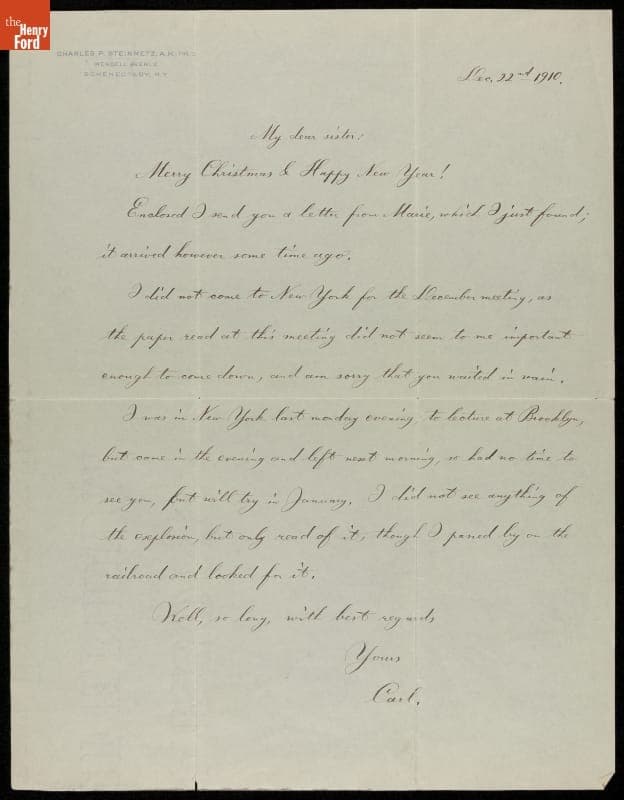 Letter from Charles P. Steinmetz to His Sister, Clara Steinmetz, 1910
