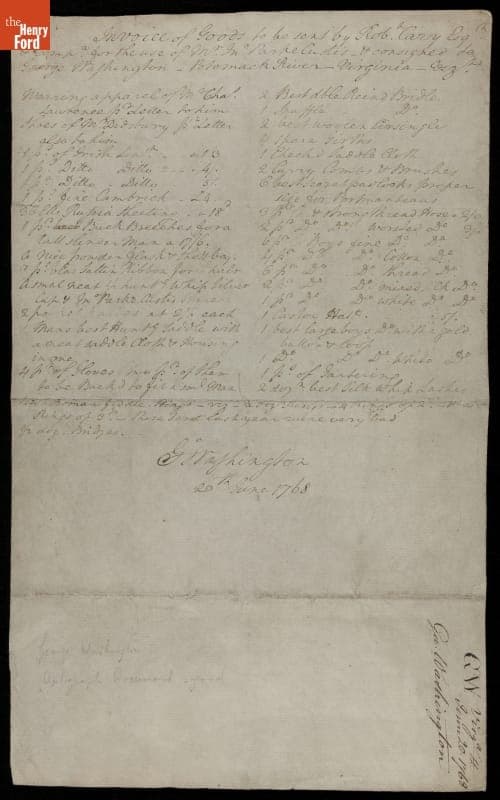 Invoice, from George Washington to Robert Cary, 1768