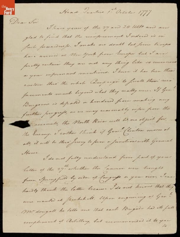 Letter from George Washington to General Israel Putnam, October 1, 1777