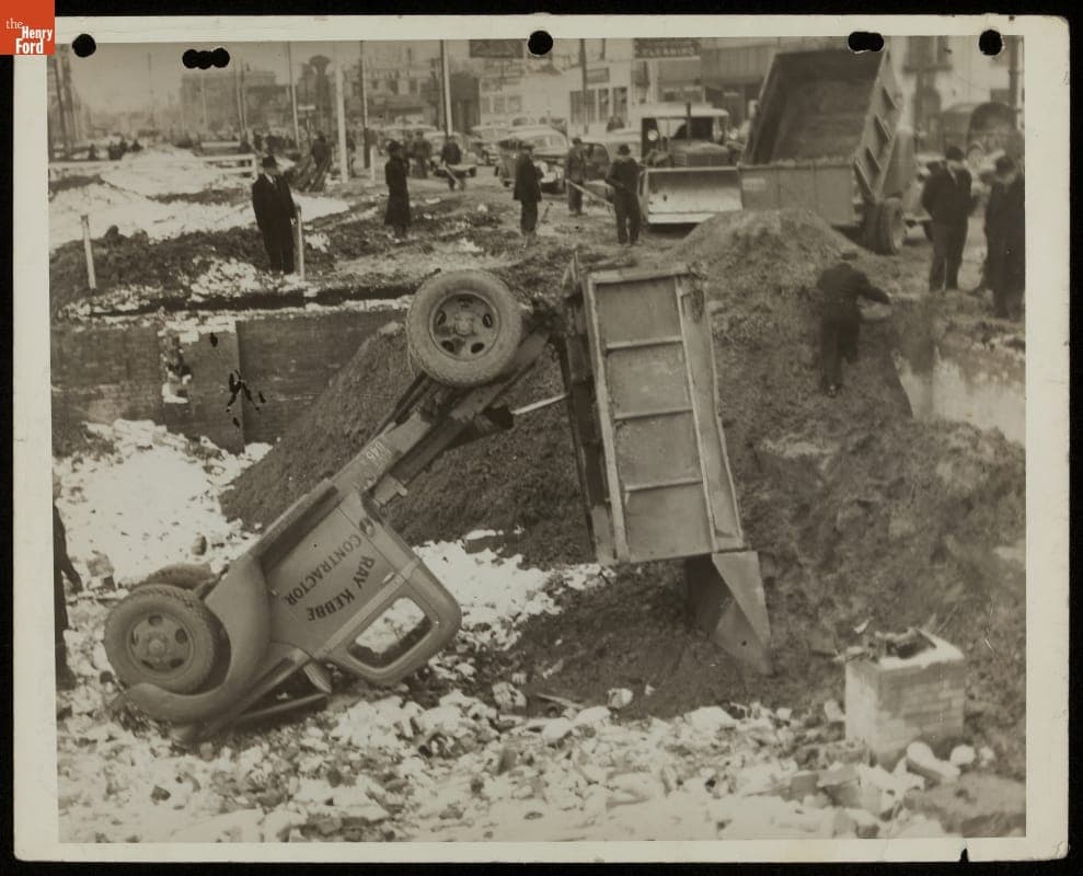 Dump Truck Flipped Over at Construction Site, Detroit, Michigan, 1930-1945