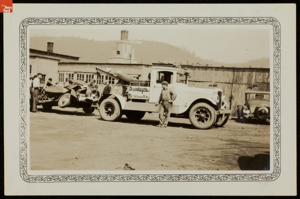 Dunlap's Tow Truck with Wrecked Automobile, Pittsburgh, Pennsylvania, circa 1930