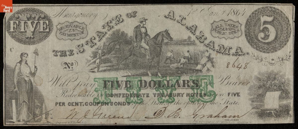 Confederate Currency, The State of Alabama, Five Dollars, 1864