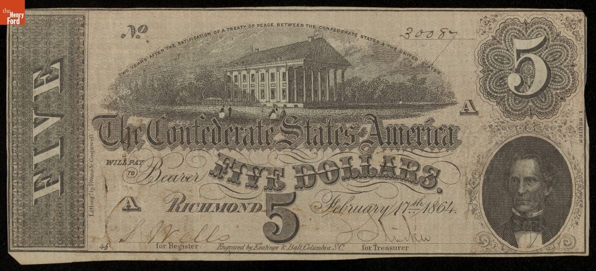Confederate Currency, Confederate States of America, Five Dollars, 1864