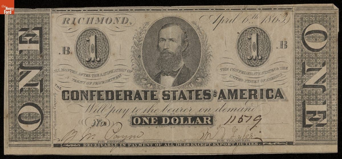 Confederate Currency, Confederate States of America, One Dollar, 1863