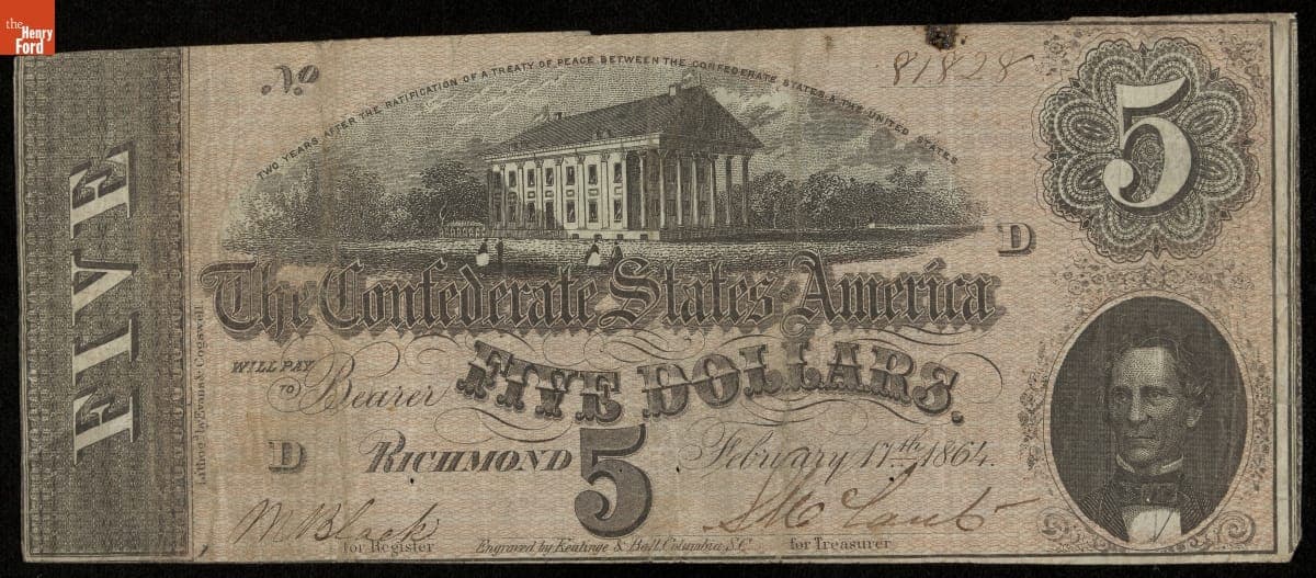 Confederate Currency, Confederate States of America, Five Dollars, 1864