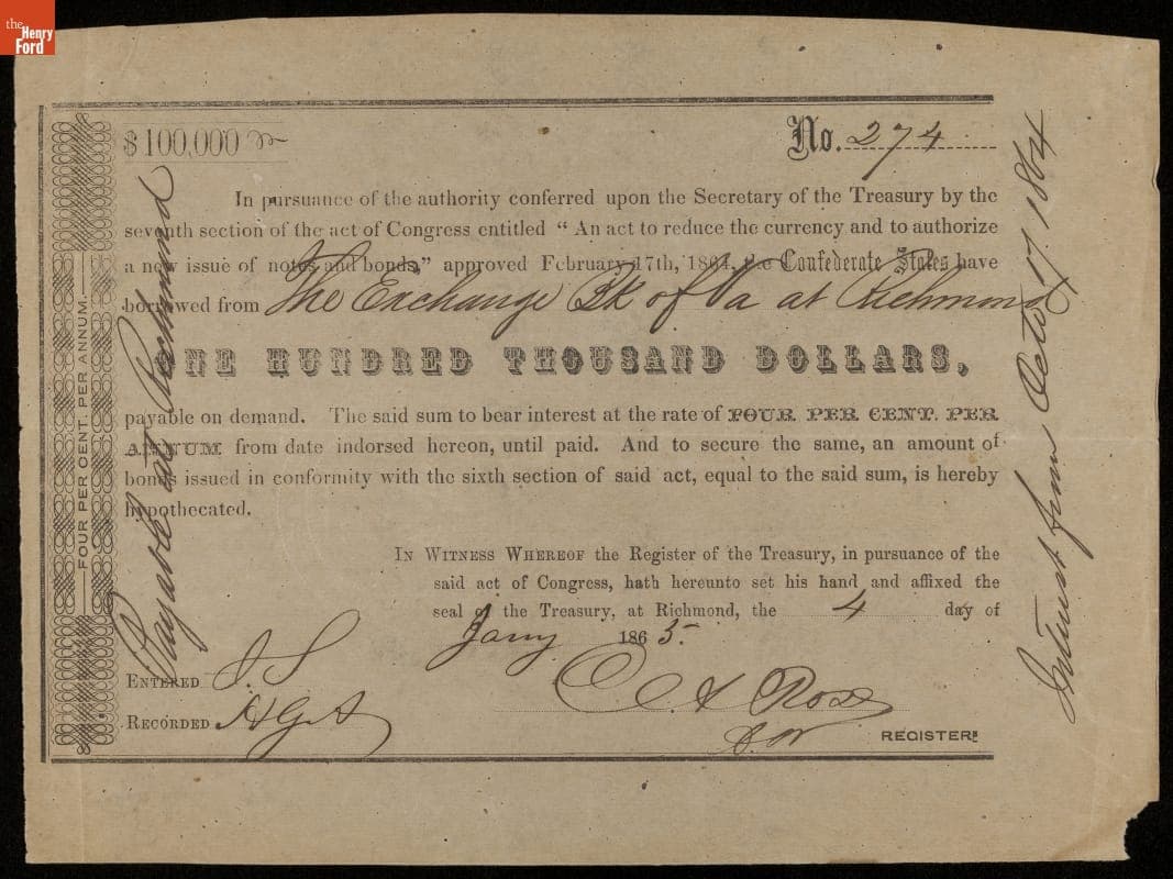Confederate Bond, One Hundred Thousand Dollars, 1865