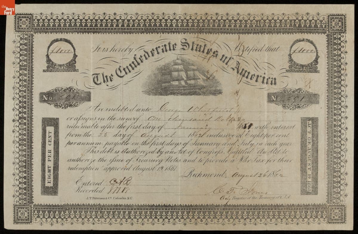 Confederate Bond, One Thousand Dollars, 1862