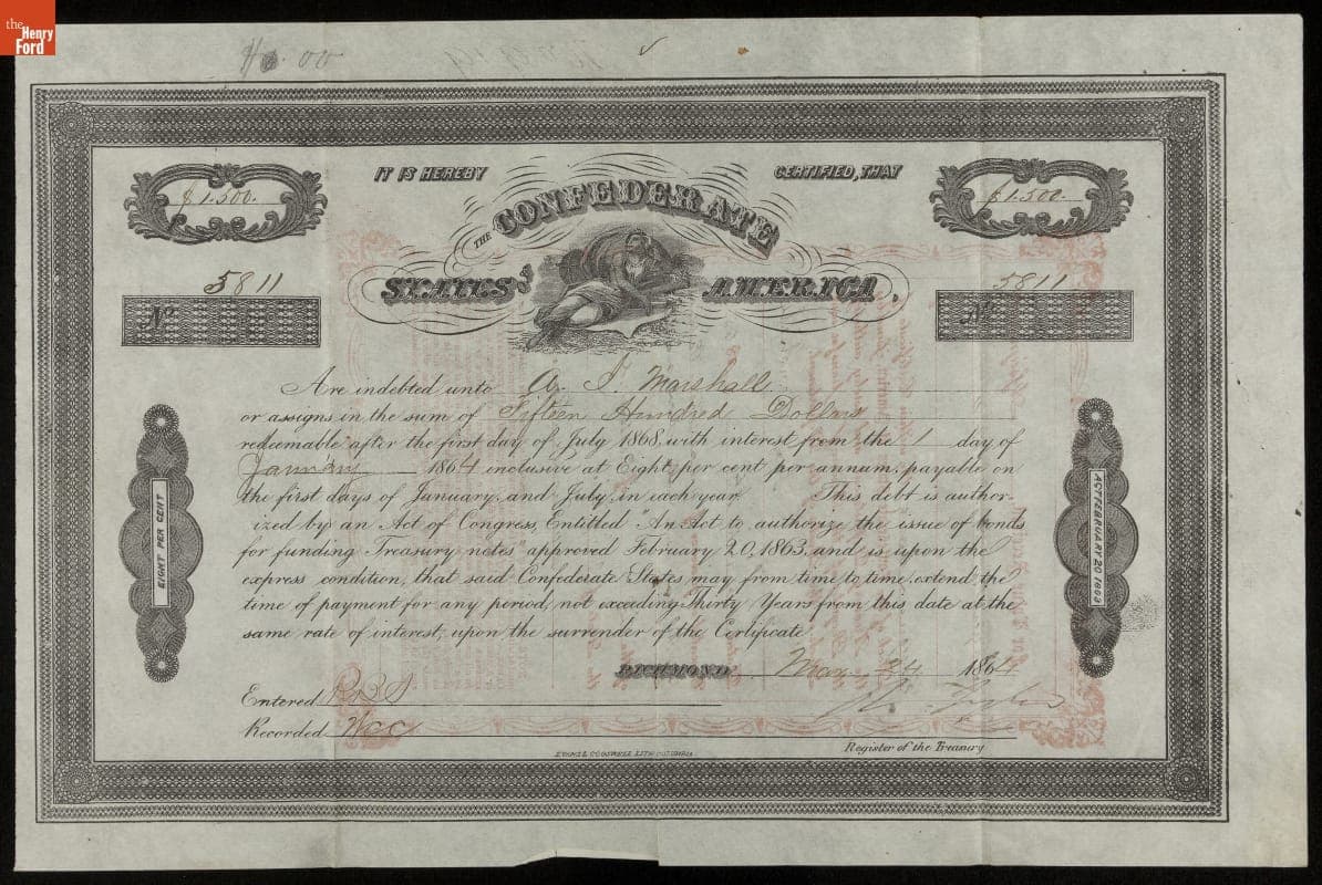 Confederate Bond, Fifteen Hundred Dollars, 1864