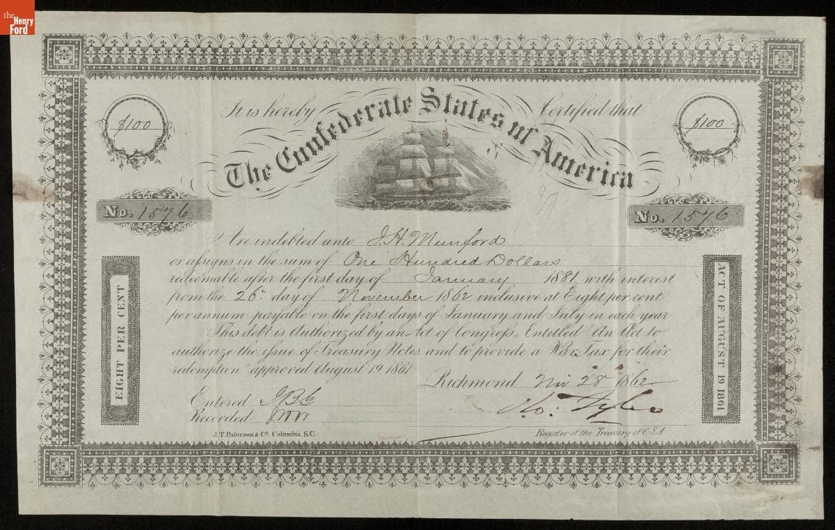 Confederate Bond, One Hundred Dollars, 1862