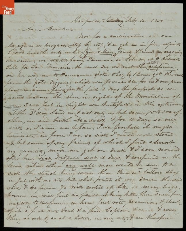 Letter by California Gold Rush Venturer Charles A. Wood, Written from Acapulco, Mexico, February 10, 1850