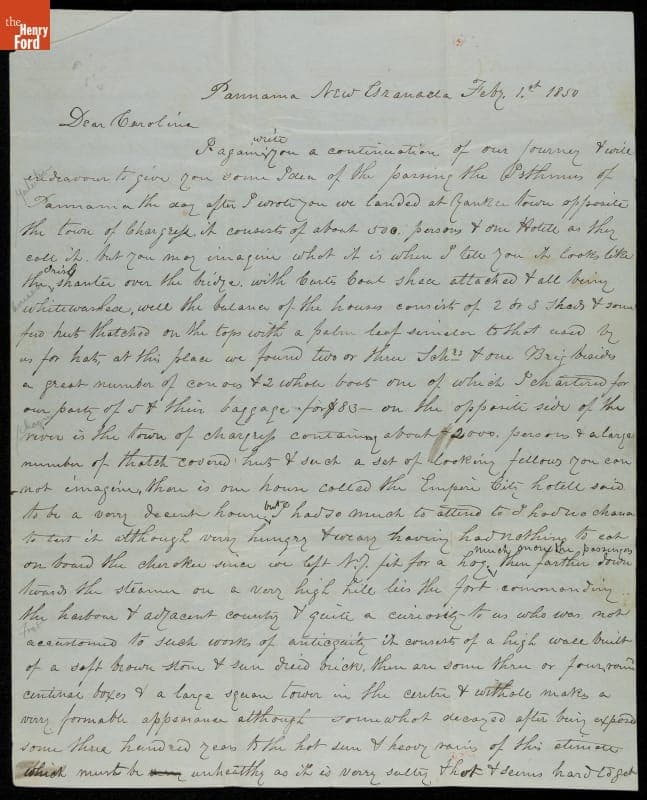 Letter by California Gold Rush Venturer Charles A. Wood, Written from the Isthmus of Panama, February 1, 1850