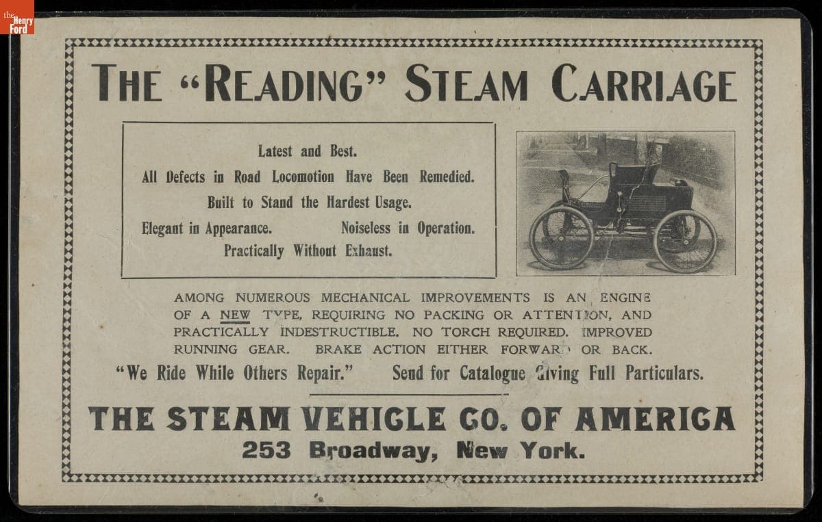 Advertisement for the Reading Steam Carriage, Steam Vehicle Company of America, 1900