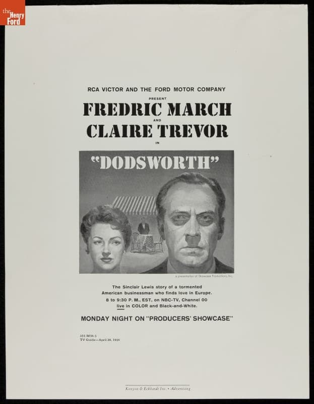 1956 Ford Advertising Proof, "RCA Victor and Ford Motor Company Present Fredric March and Claire Trevor in 'Dodsworth'"