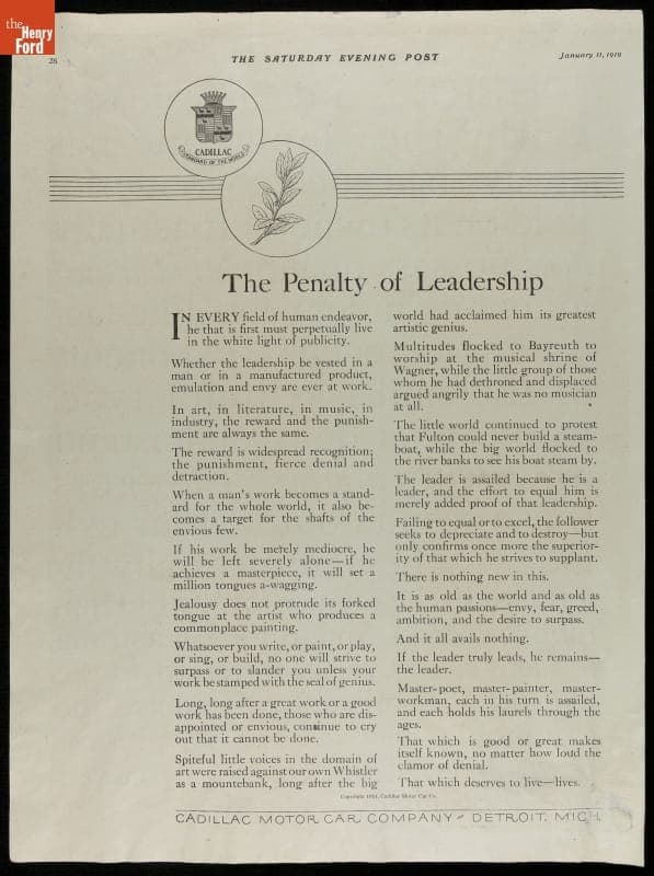 Advertisement for Cadillac Motor Car Company, "The Penalty of Leadership," 1919