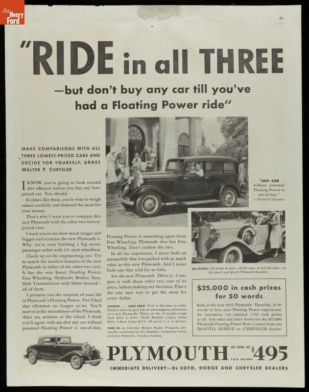 Advertisement for Plymouth Automobiles with "Floating Power Ride," 1932