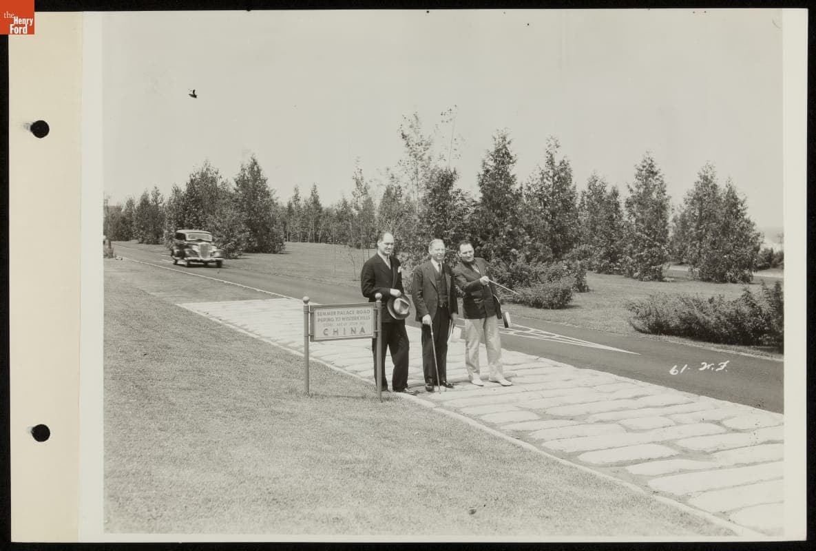 Three Men Walking on Roads of the World Exhibit, Century of Progress International Exposition, Chicago, Illinois, 1934