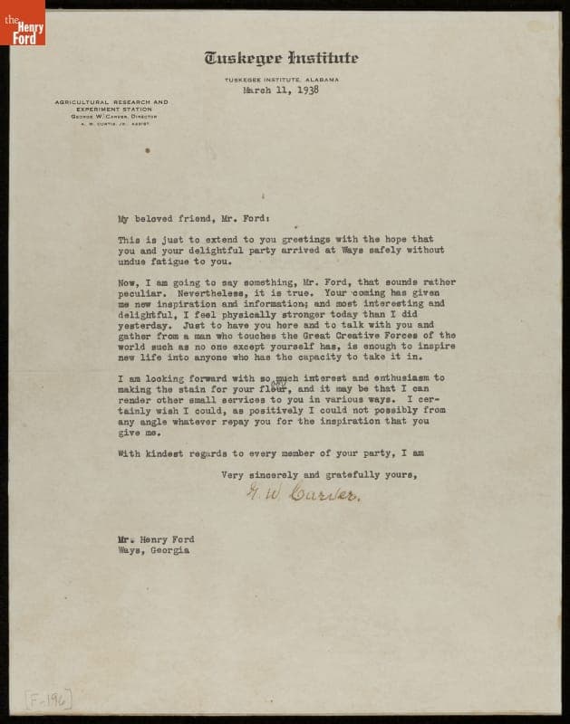 Letter from George Washington Carver to Henry Ford, March 11, 1938