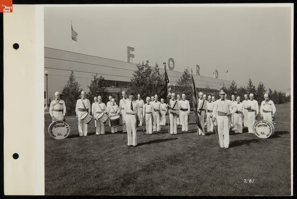 Drum and Bugle Corps outside Ford Exhibition Building, Century of Progress International Exposition, Chicago, Illinois, 1934