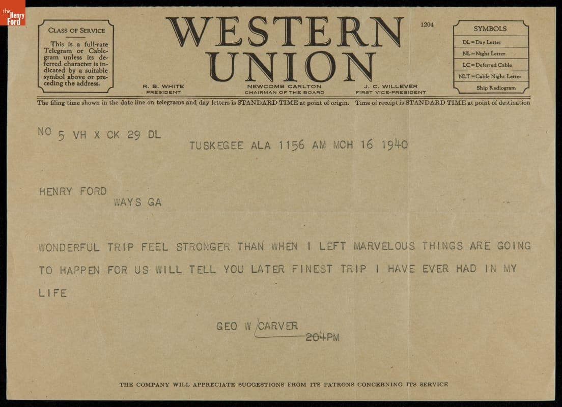 Telegram from George Washington Carver to Henry Ford, March 16, 1940