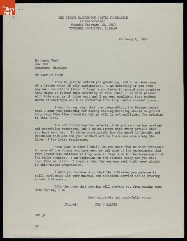 Letter from George Washington Carver to Henry Ford, February 4. 1942