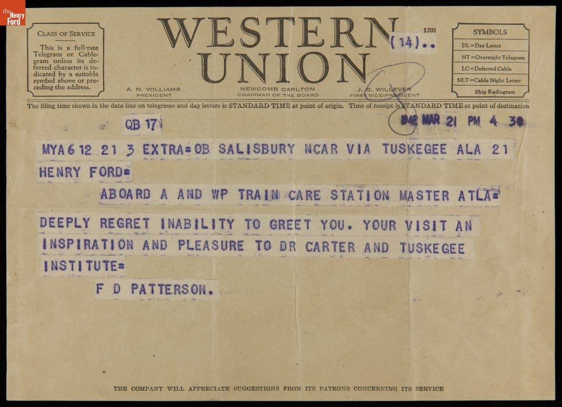 Telegram from Frederick Douglass Patterson to Henry Ford, March 21, 1942