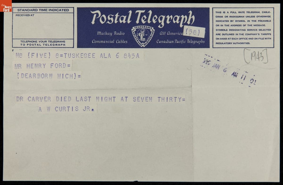 Telegram from Austin Curtis, Jr. to Henry Ford, January 6, 1943