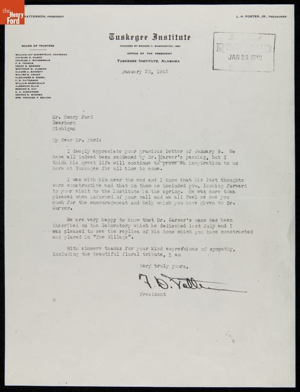 Letter from Frederick Douglass Patterson to Henry Ford, January 20, 1943