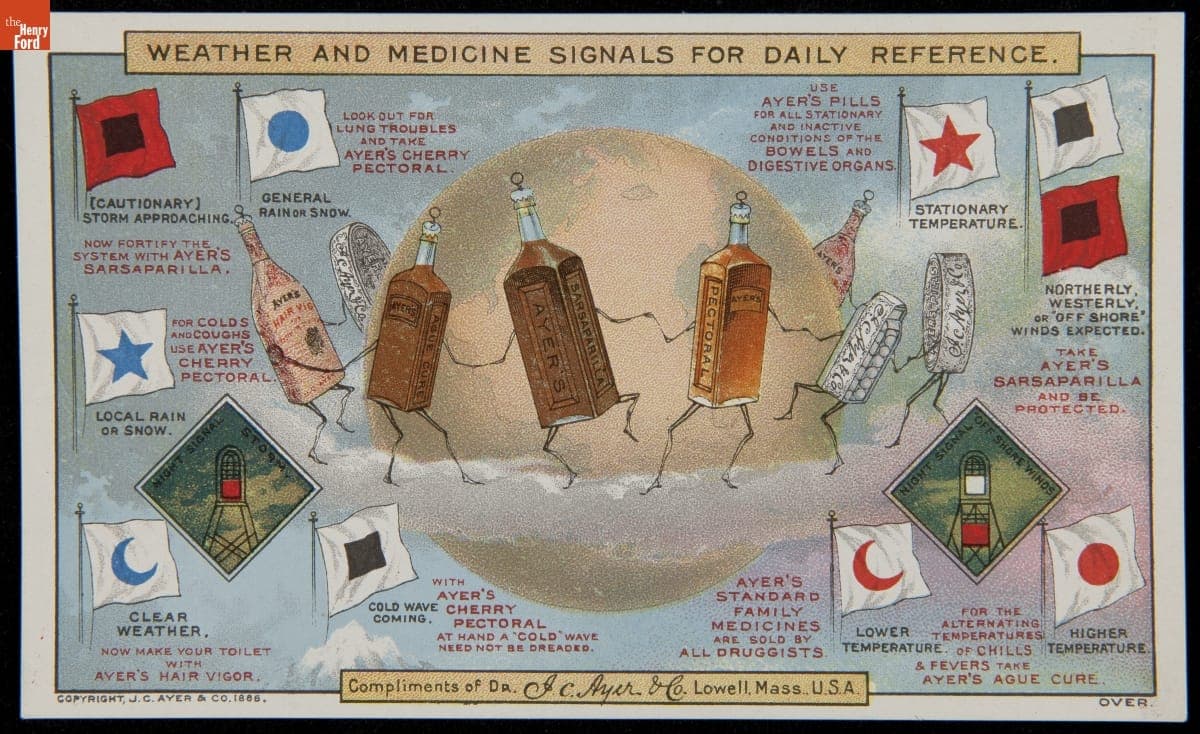 Trade Card for Ayer's Products, Weather and Medicine Signals for Daily Reference, 1886