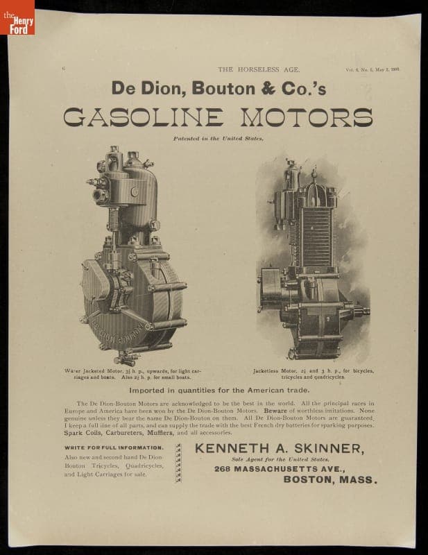 Advertisement, "DeDion, Bouton & Co.'s Gasoline Motors," 1900