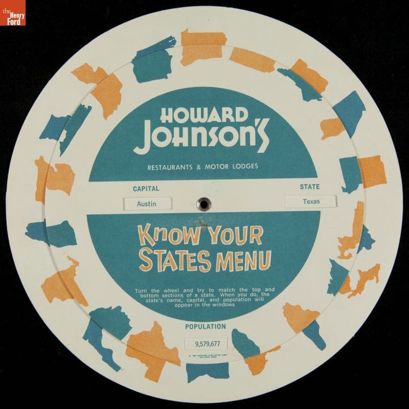 Children's Menu from Howard Johnson's Restaurant, with Know Your States Game, 1965